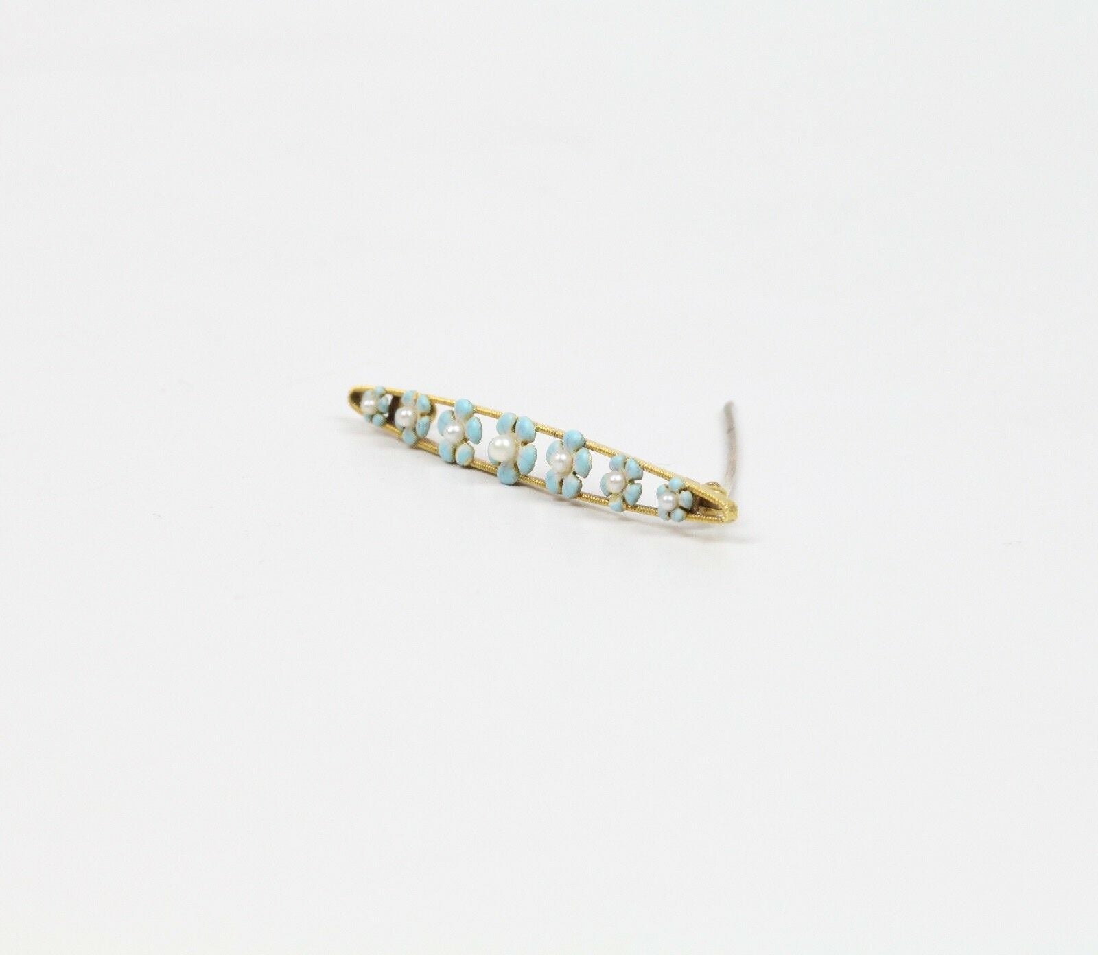 Art Nouveau 14K Yellow Gold Forget Me Not Flower Enamel Bar Pin