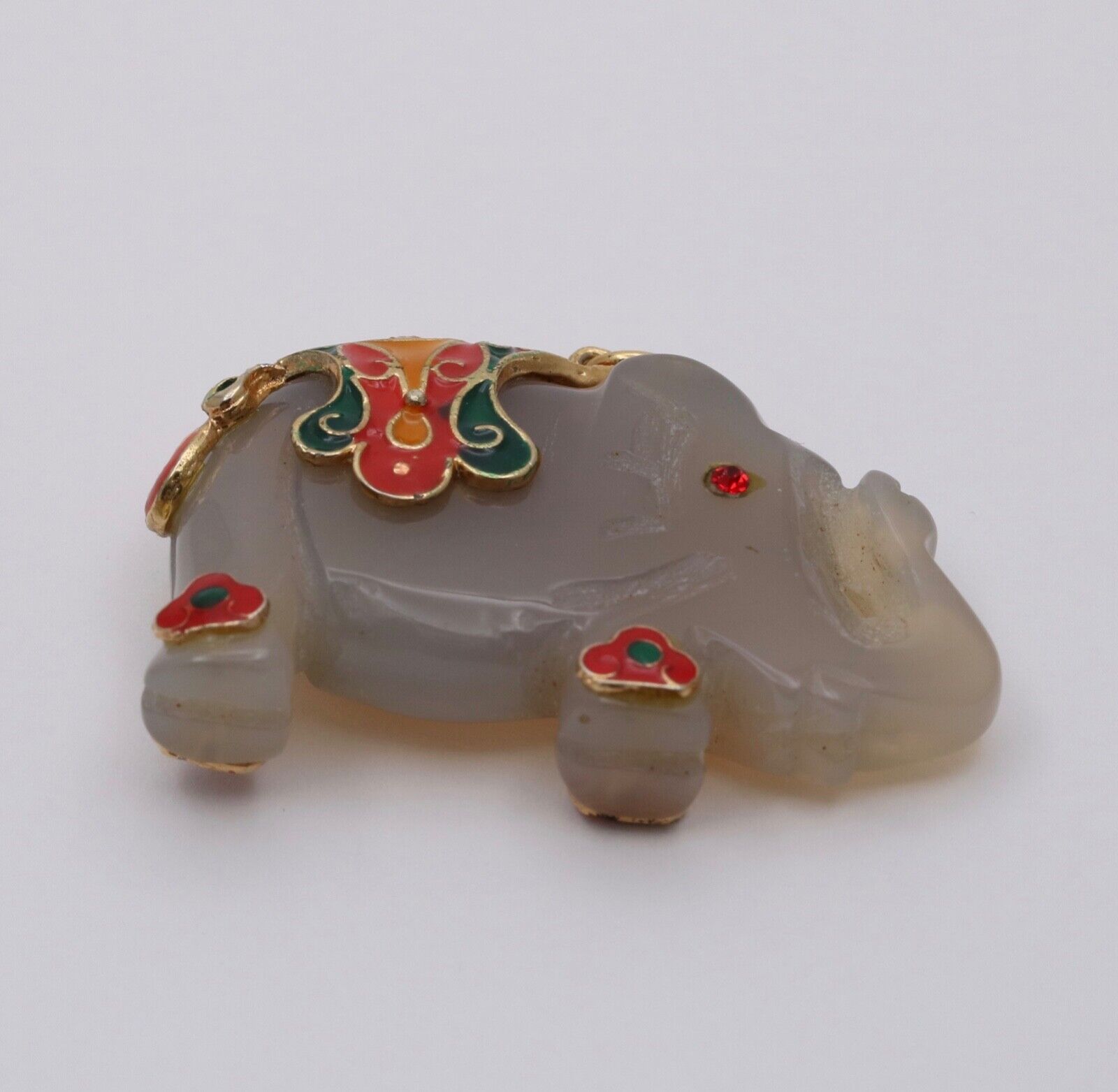 Vintage Silver Carved Nephrite Elephant Charm Pendant , Necklace