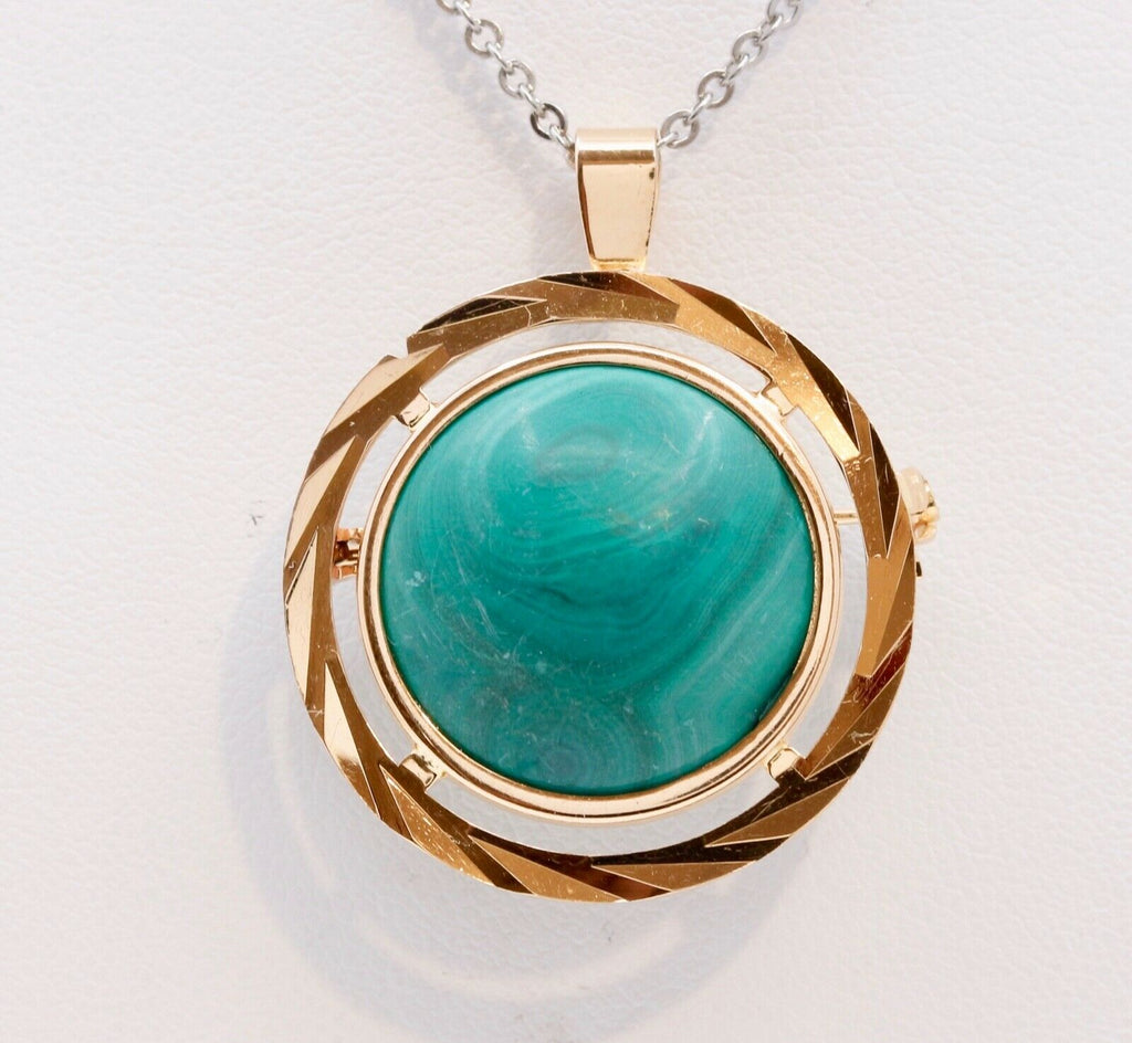 18K Yellow Gold Italian Malachite Pendant Brooch