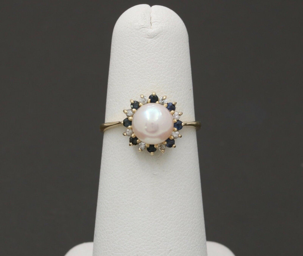 Vintage Pearl Sapphires Diamonds Cluster 14K Yellow Gold Ring