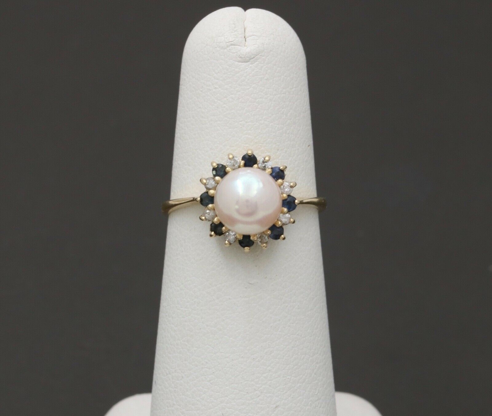 Vintage Pearl Sapphires Diamonds Cluster 14K Yellow Gold Ring