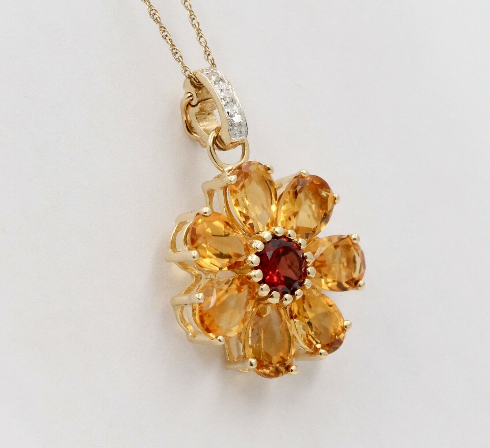 Cute Vintage 14K Yellow Gold Citrine Rubellite Floral Pendant