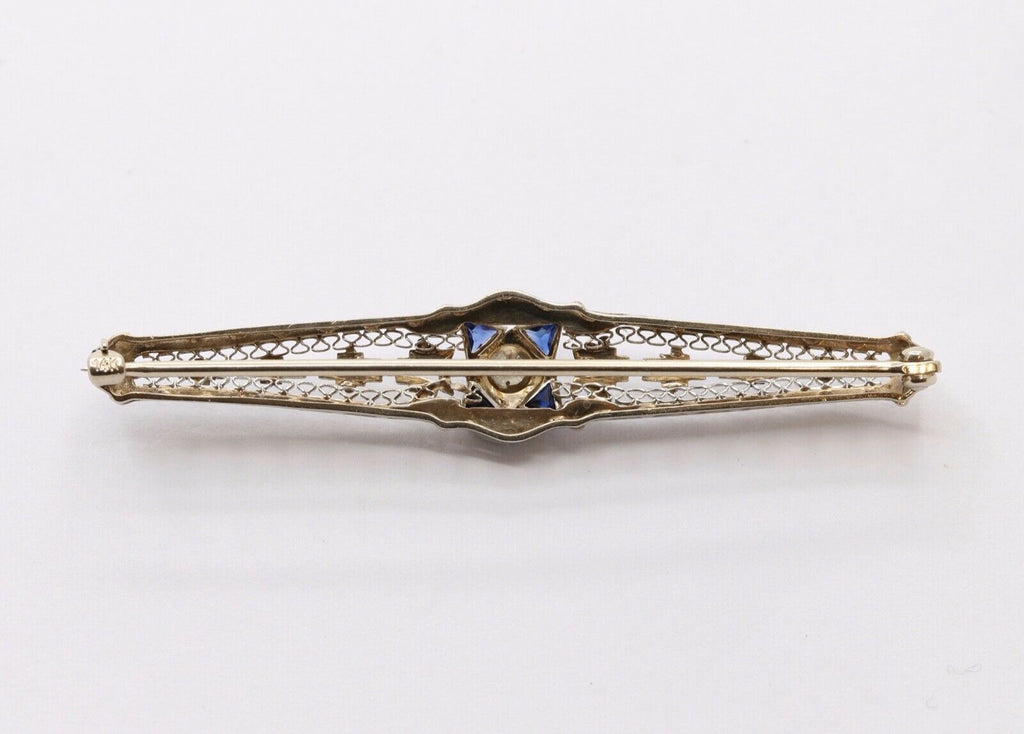 Art Deco Diamond Sapphires 14K White Gold Bar Pin Brooch