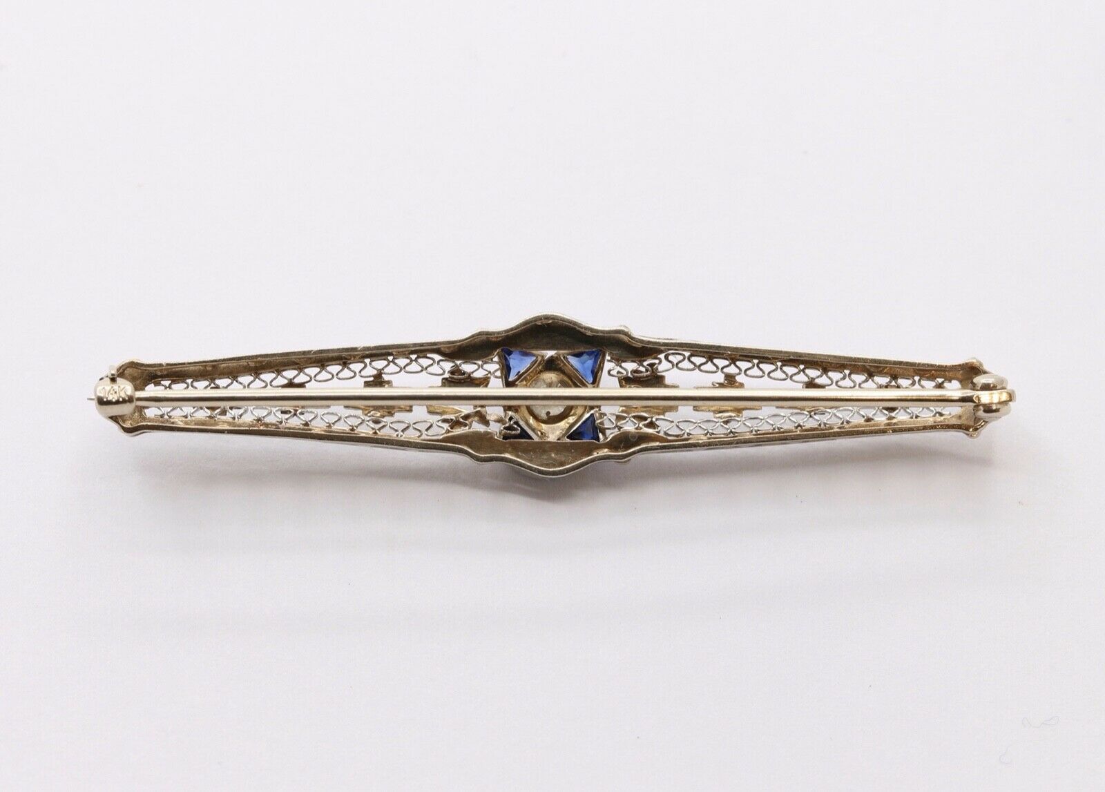 Art Deco Diamond Sapphires 14K White Gold Bar Pin Brooch