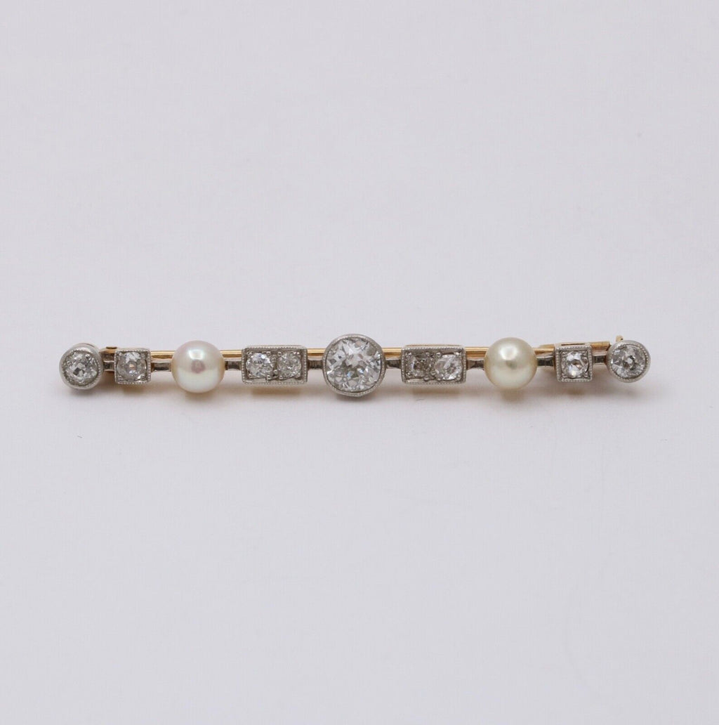 Antique Art Deco 18K Gold Diamond & Pearl Bar Pin.