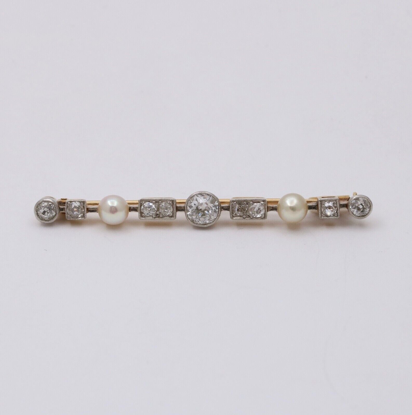 Antique Art Deco 18K Gold Diamond & Pearl Bar Pin.