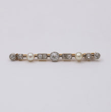 Load image into Gallery viewer, Antique Art Deco 18K Gold Diamond &amp; Pearl Bar Pin.
