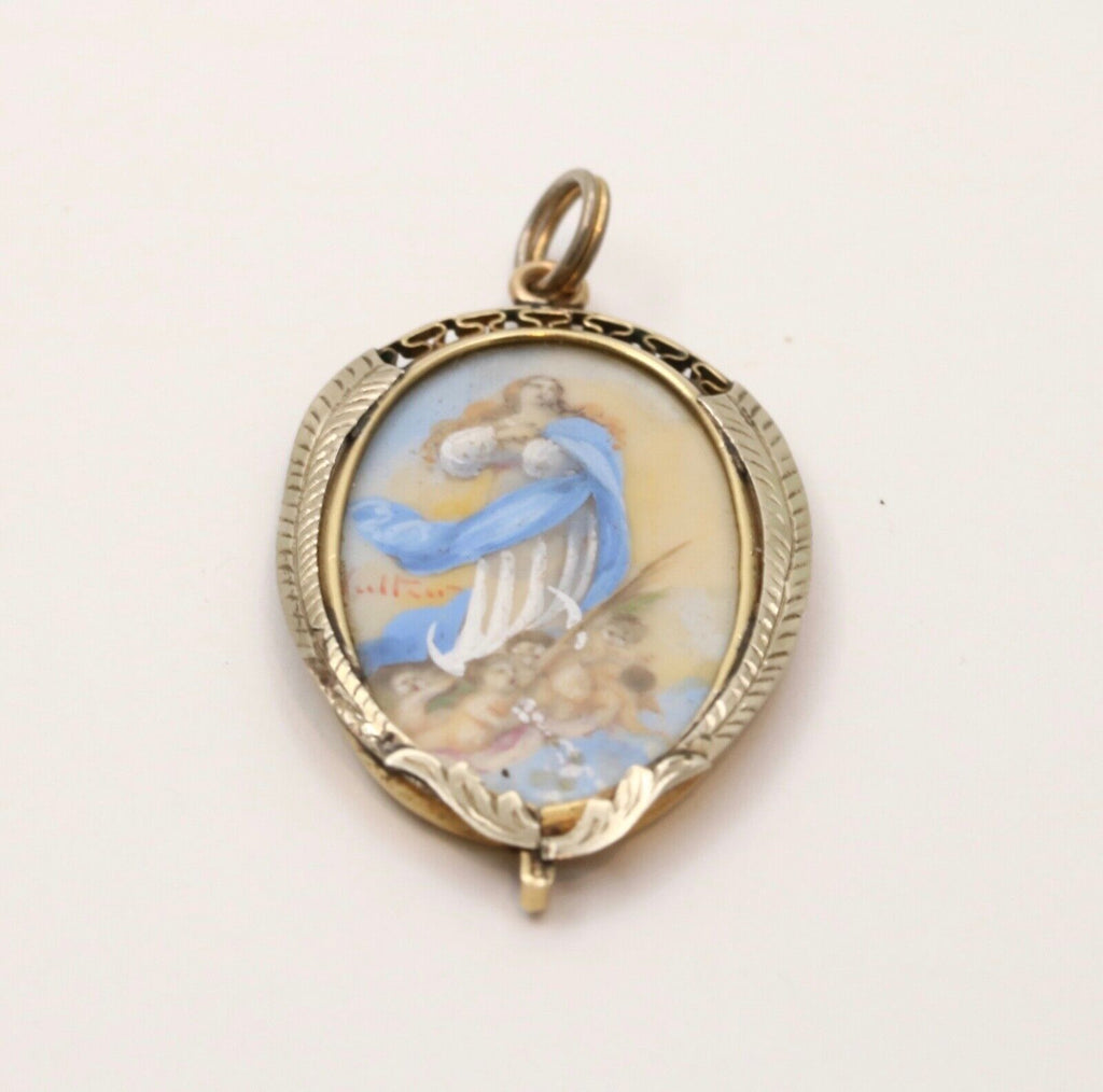 Antique Virgin Mary and Cherubs Portrait 18K YG WG Pendant
