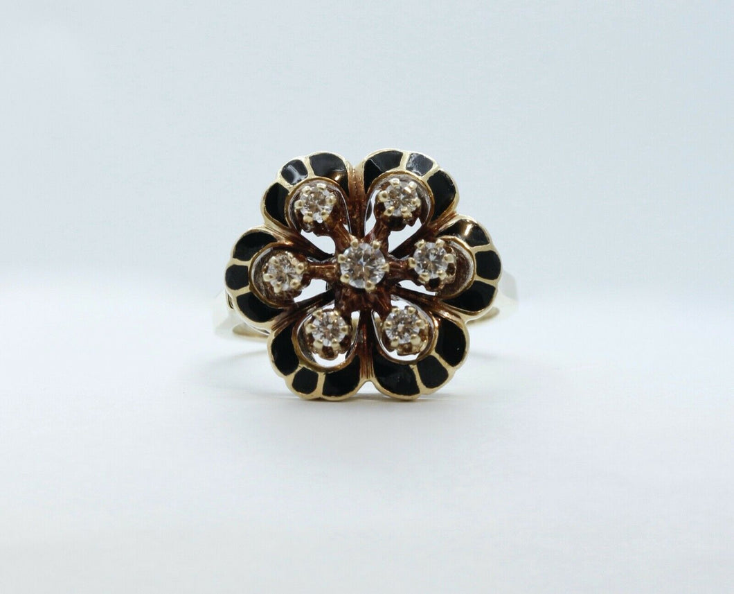 Victorian Diamonds 14K Yellow Gold Black Enamel Ring