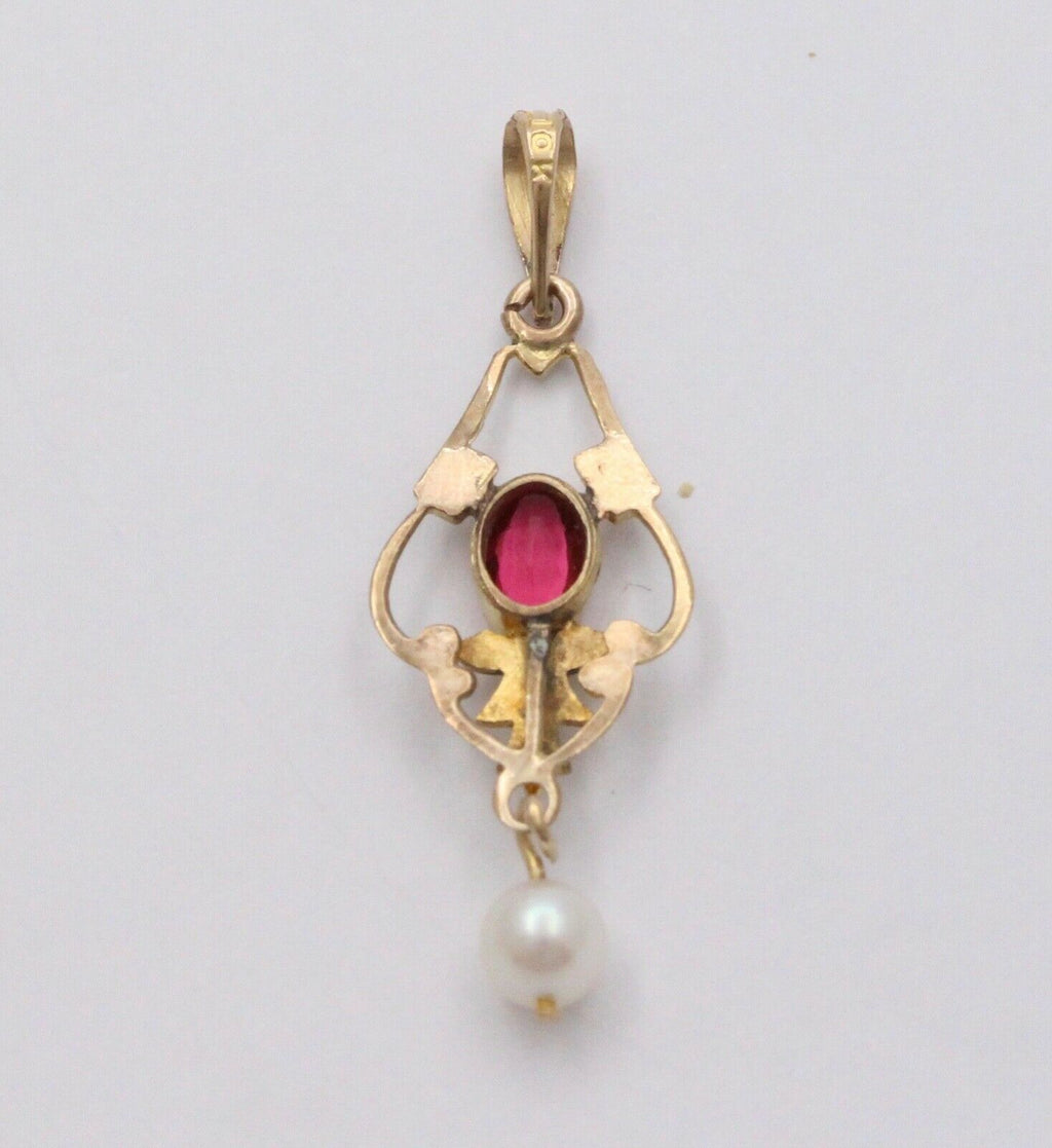 Antique Art Nouveau 10K Yellow Gold Pink Tourmaline & Pearl Charm, Teardrop Pend