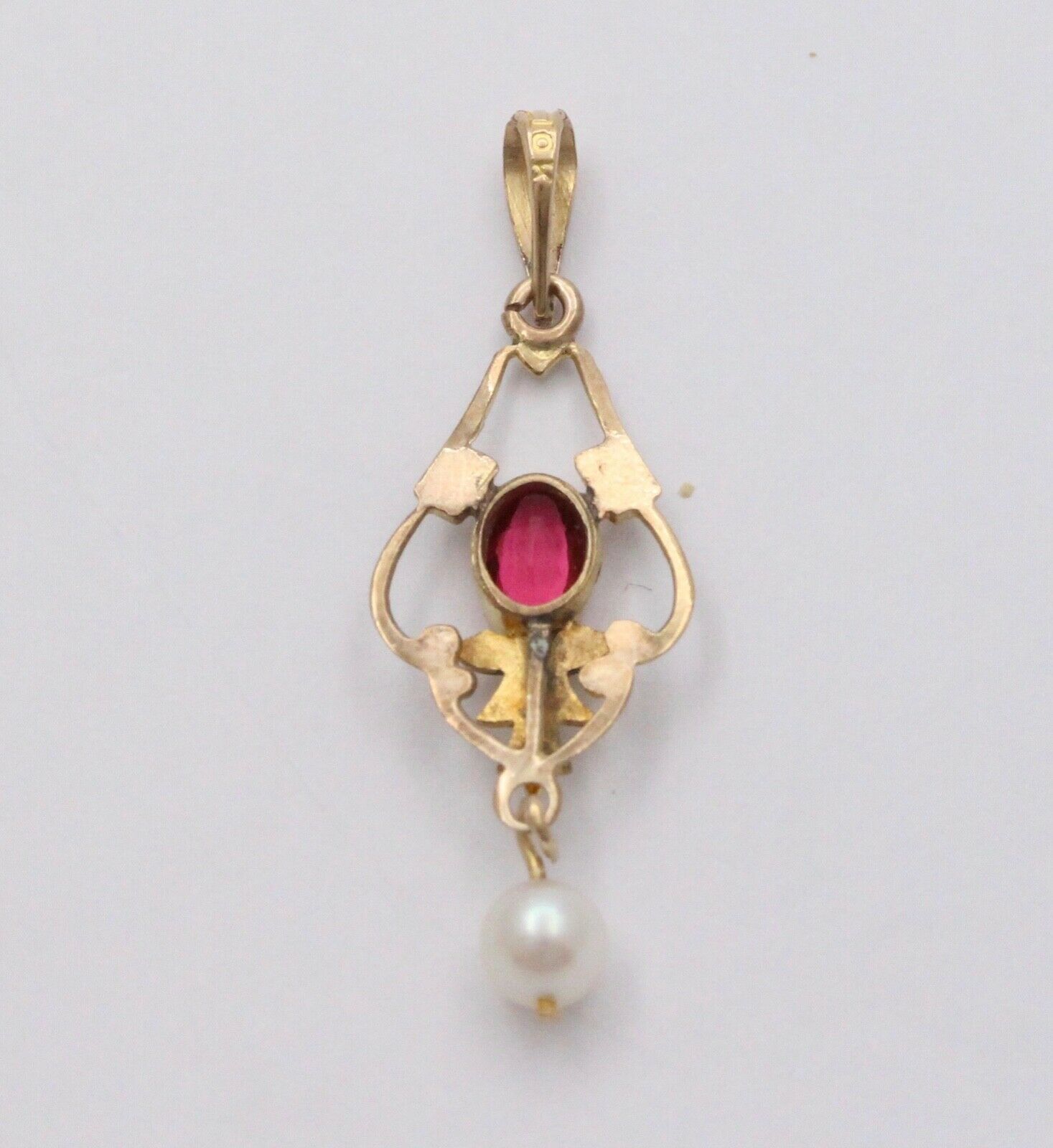 Antique Art Nouveau 10K Yellow Gold Pink Tourmaline & Pearl Charm, Teardrop Pend