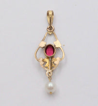 Load image into Gallery viewer, Antique Art Nouveau 10K Yellow Gold Pink Tourmaline &amp; Pearl Charm, Teardrop Pend
