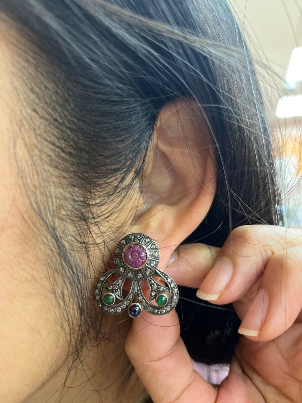 Antique 14K Gold & Silver Diamond, Ruby, Emerald and Sapphire Earrings