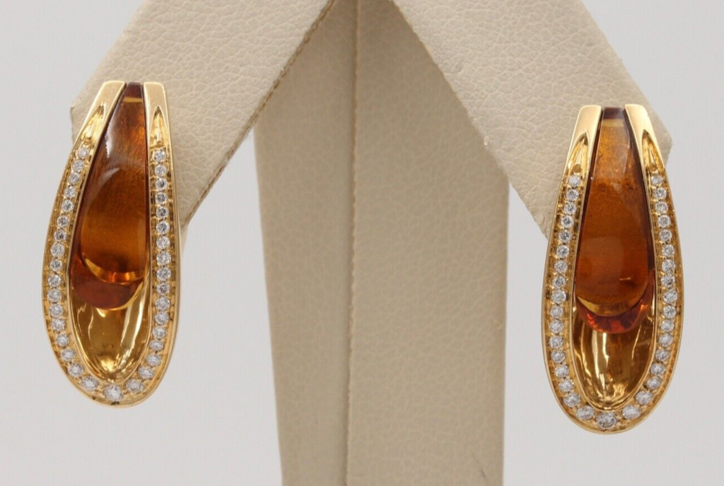 Vintage 18K Yellow Gold Citrine & Diamond Clip Huggie Earrings