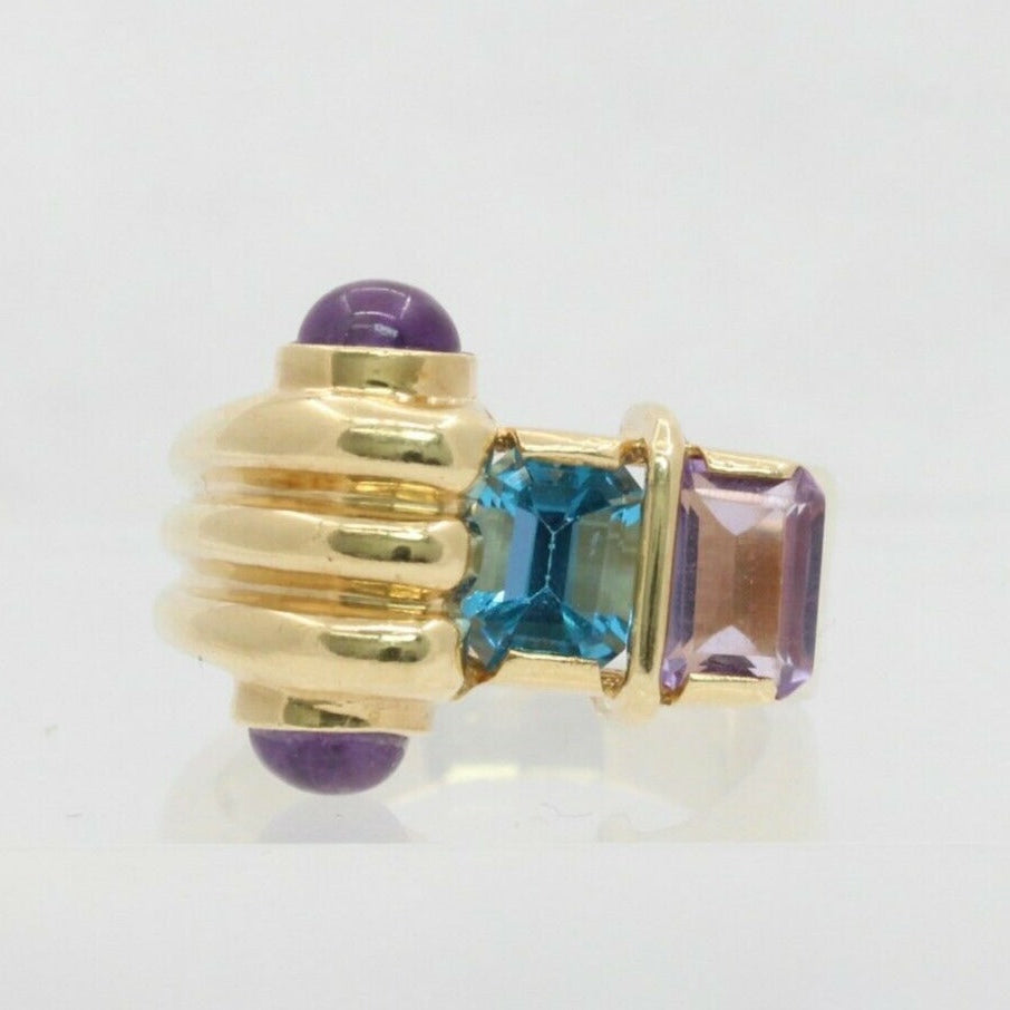 Vintage 14K Yellow Gold Abstract Scroll Blue Topaz & Amethyst Ring