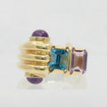 Vintage 14K Yellow Gold Abstract Scroll Blue Topaz & Amethyst Ring