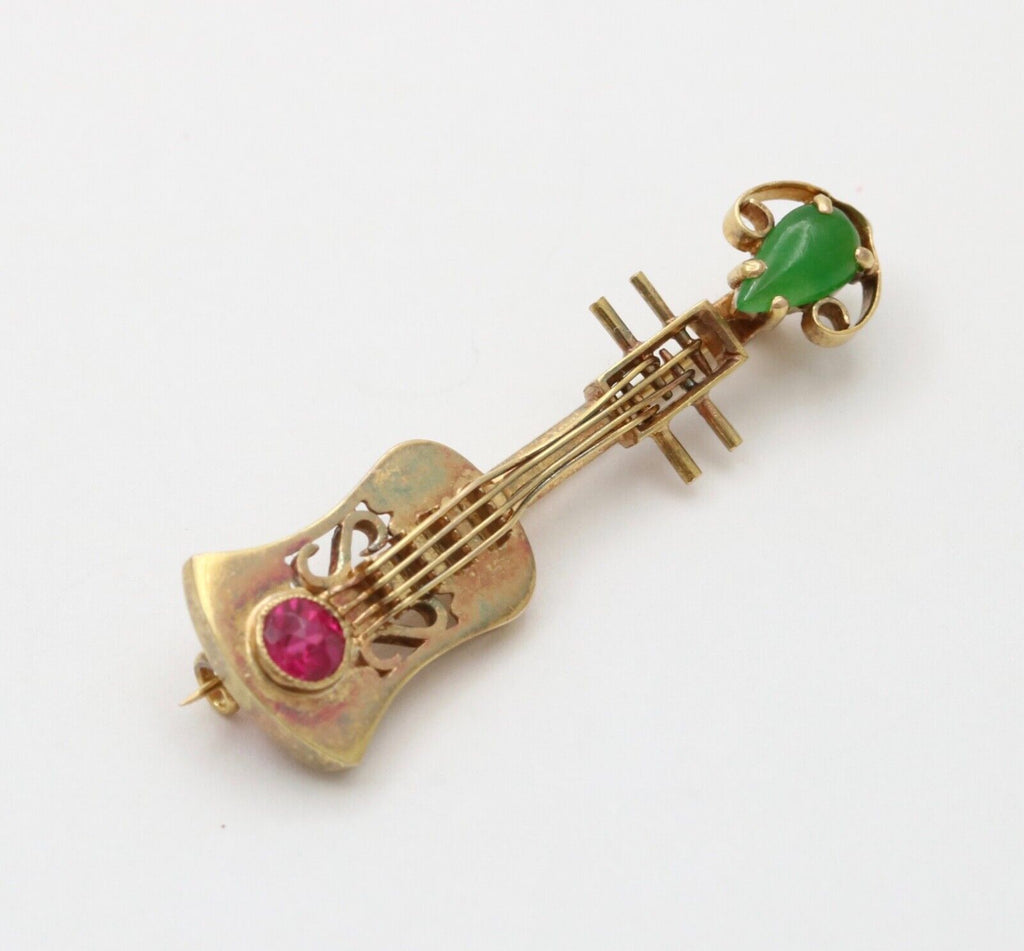 Vintage 18K Yellow Gold Chrysoprase & Pink Tourmaline Chinese Ukulele , Guitar B
