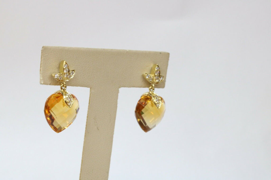 Vintage Ladies Heart Cut Citrine Diamonds 18K Yellow Gold Earrings