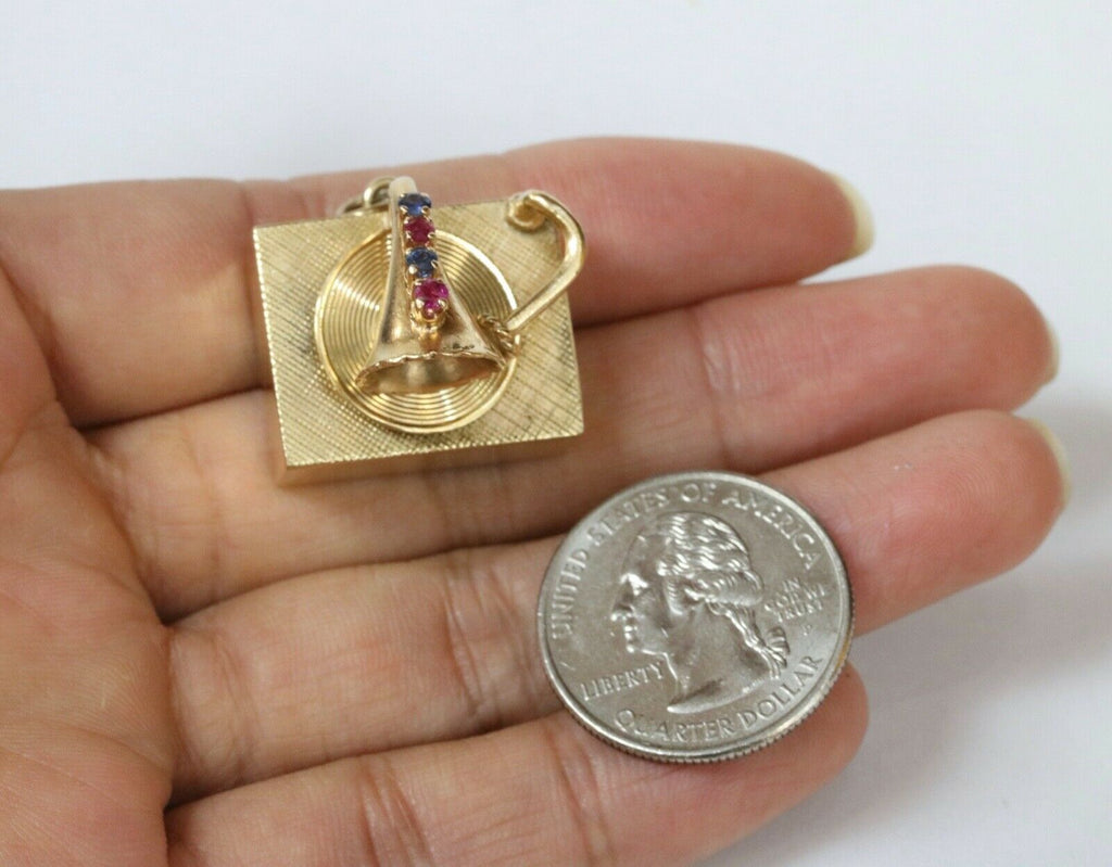Rare Vintage Phonograph 14K Yellow Gold RubIes Sapphires Pearls Pendant Charm