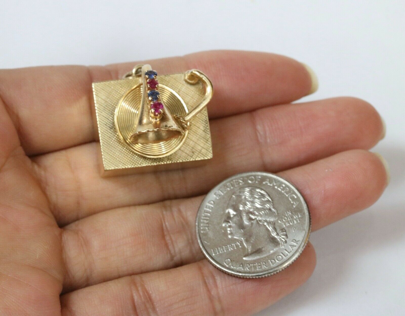 Rare Vintage Phonograph 14K Yellow Gold RubIes Sapphires Pearls Pendant Charm