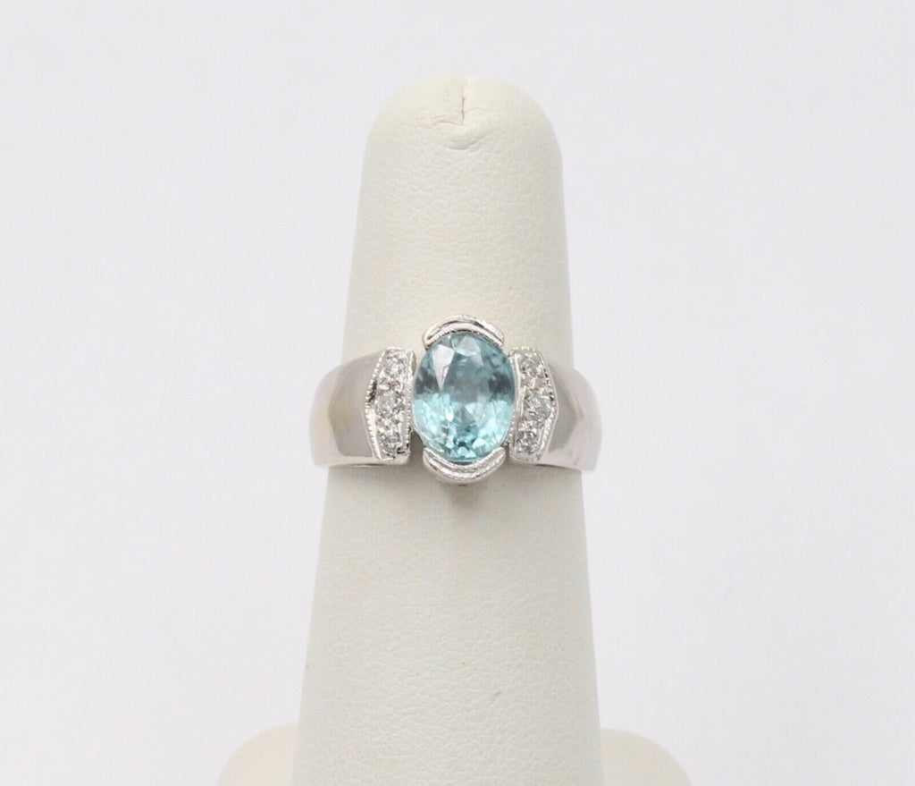 Vintage 14K White Gold Blue Zircon Diamond Ring, Cocktail Ring