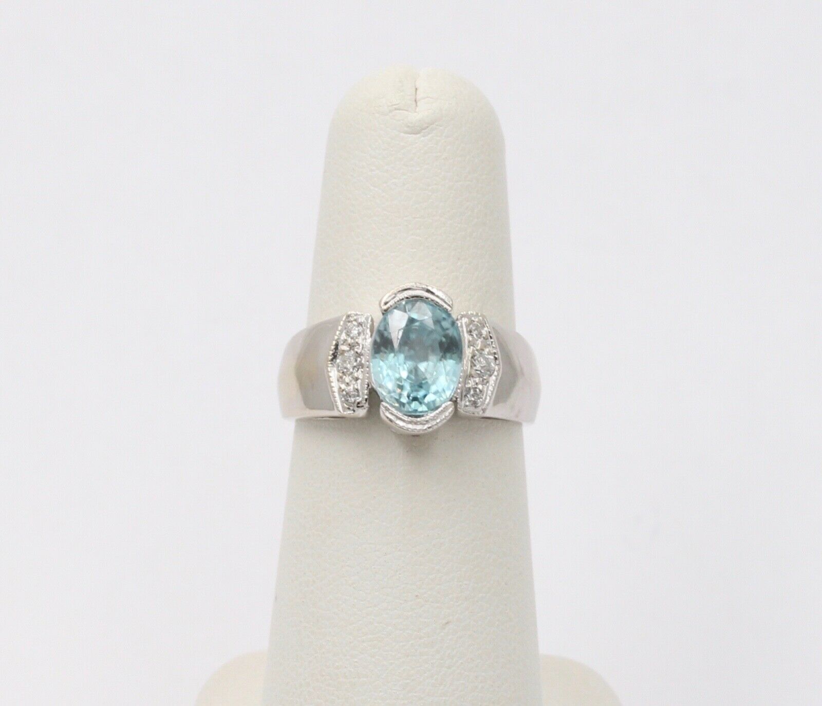 Vintage 14K White Gold Blue Zircon Diamond Ring, Cocktail Ring