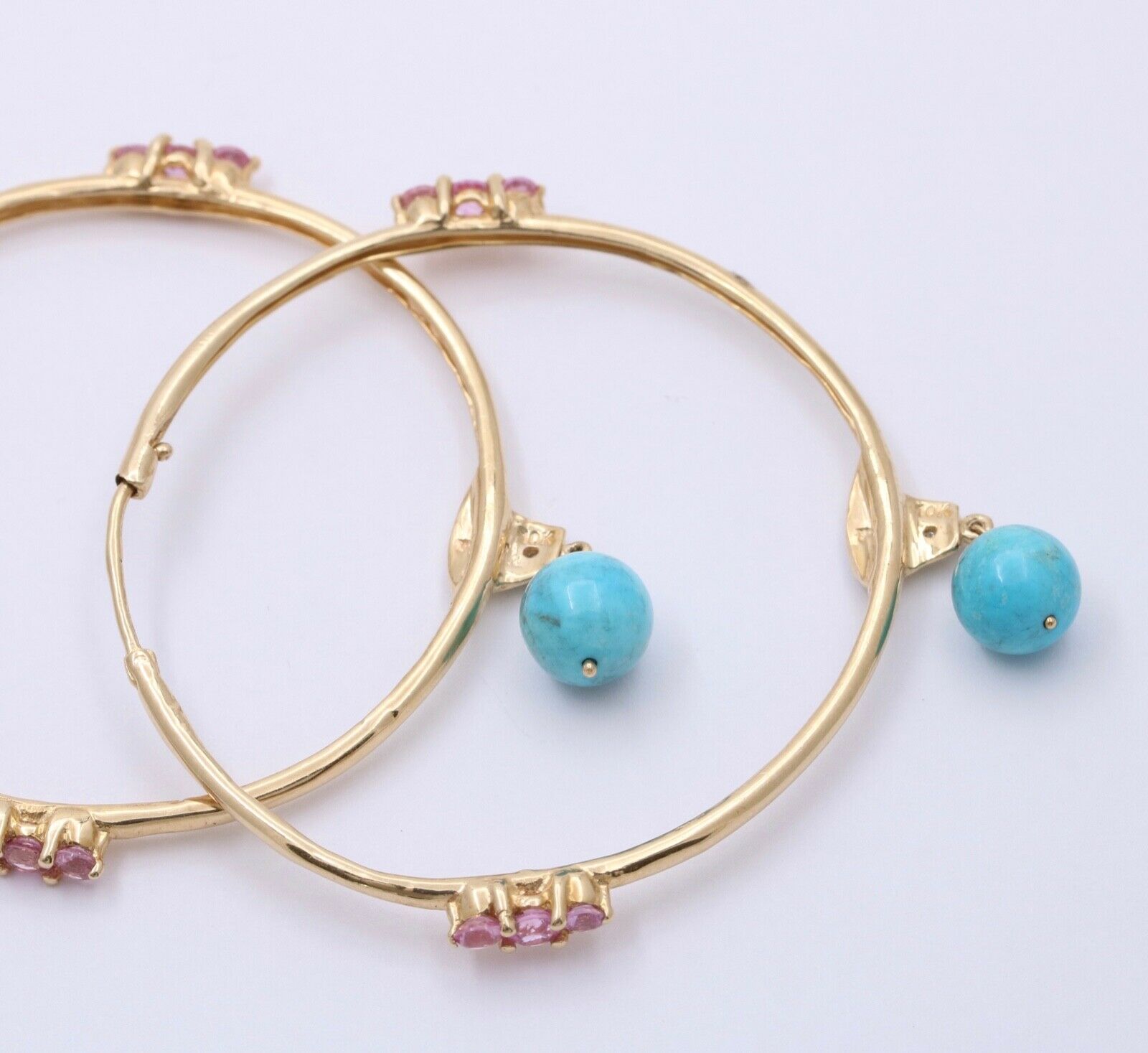 Light Weight 10K Gold Turquoise & pink Topaz , Diamond Large Hoop Earrings