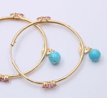 Load image into Gallery viewer, Light Weight 10K Gold Turquoise &amp; pink Topaz , Diamond Large Hoop Earrings
