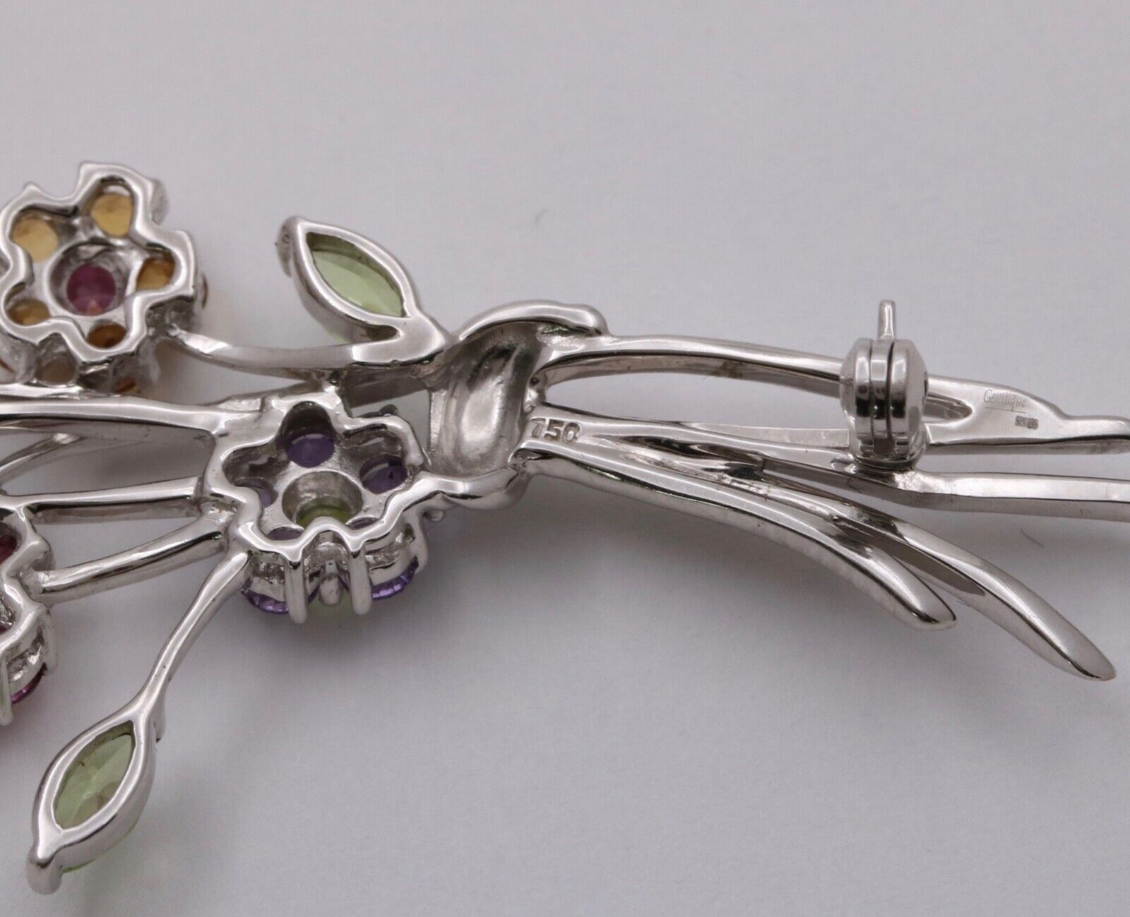Vintage Flower Bouquet Multi Stone 14K White Gold Brooch