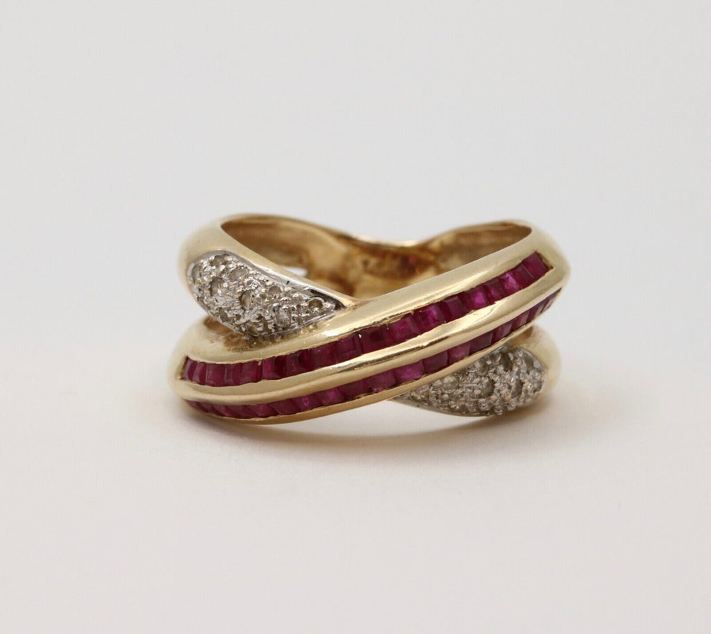 Vintage 14K Gold Ruby and Diamond Bypass Ring Band
