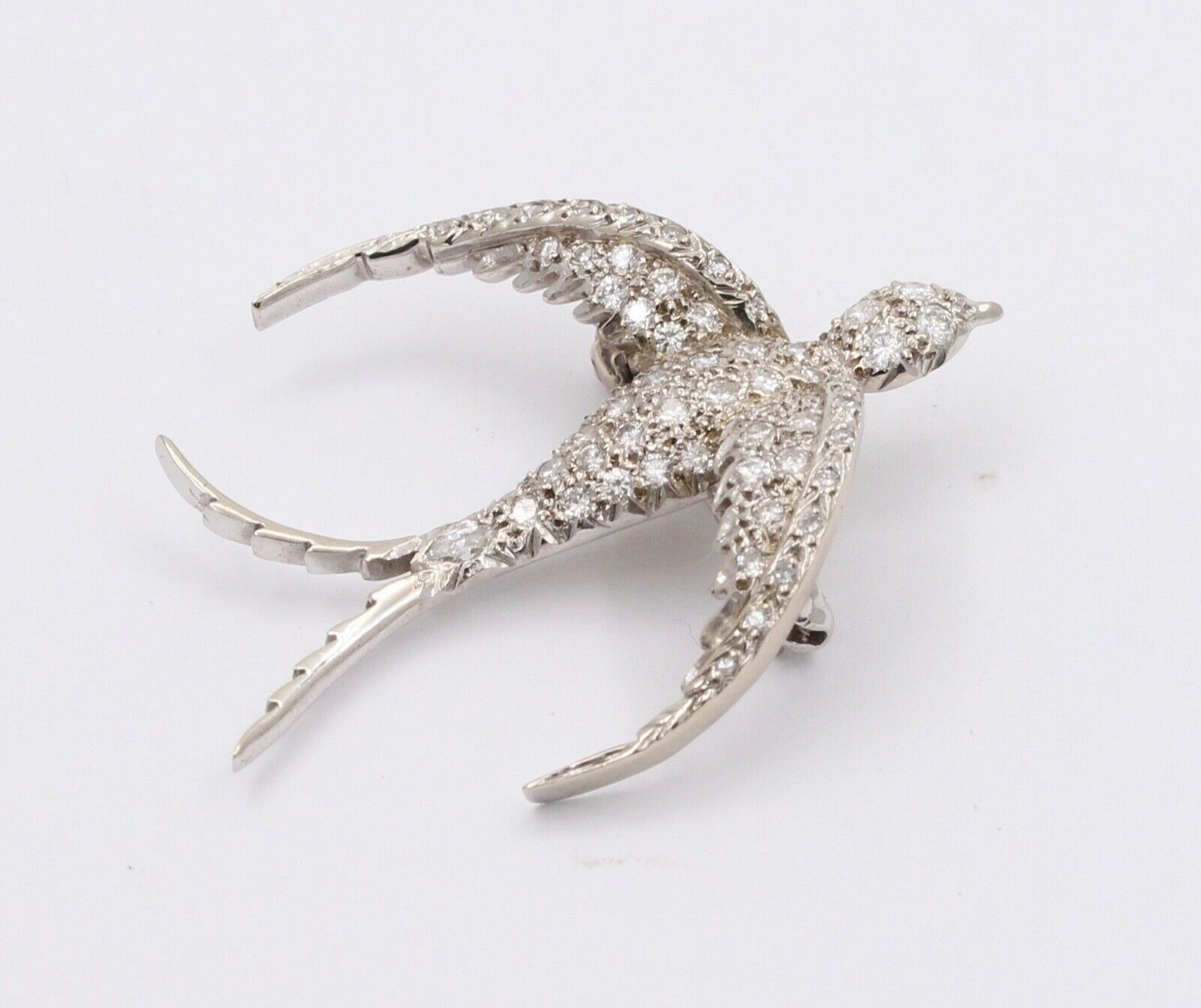 Vintage Swallow Bird Diamonds 14K White Gold Pendant Brooch Pin
