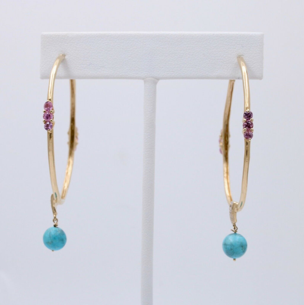 Light Weight 10K Gold Turquoise & pink Topaz , Diamond Large Hoop Earrings