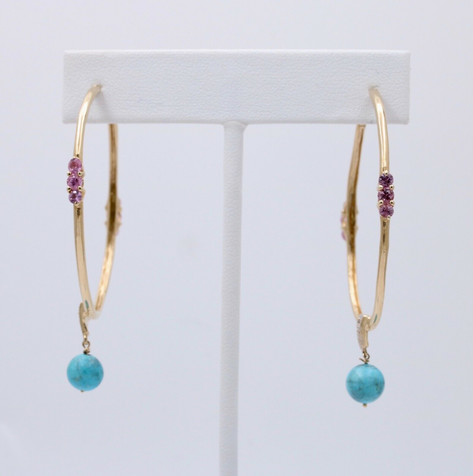 Light Weight 10K Gold Turquoise & pink Topaz , Diamond Large Hoop Earrings