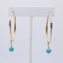 Load image into Gallery viewer, Light Weight 10K Gold Turquoise &amp; pink Topaz , Diamond Large Hoop Earrings
