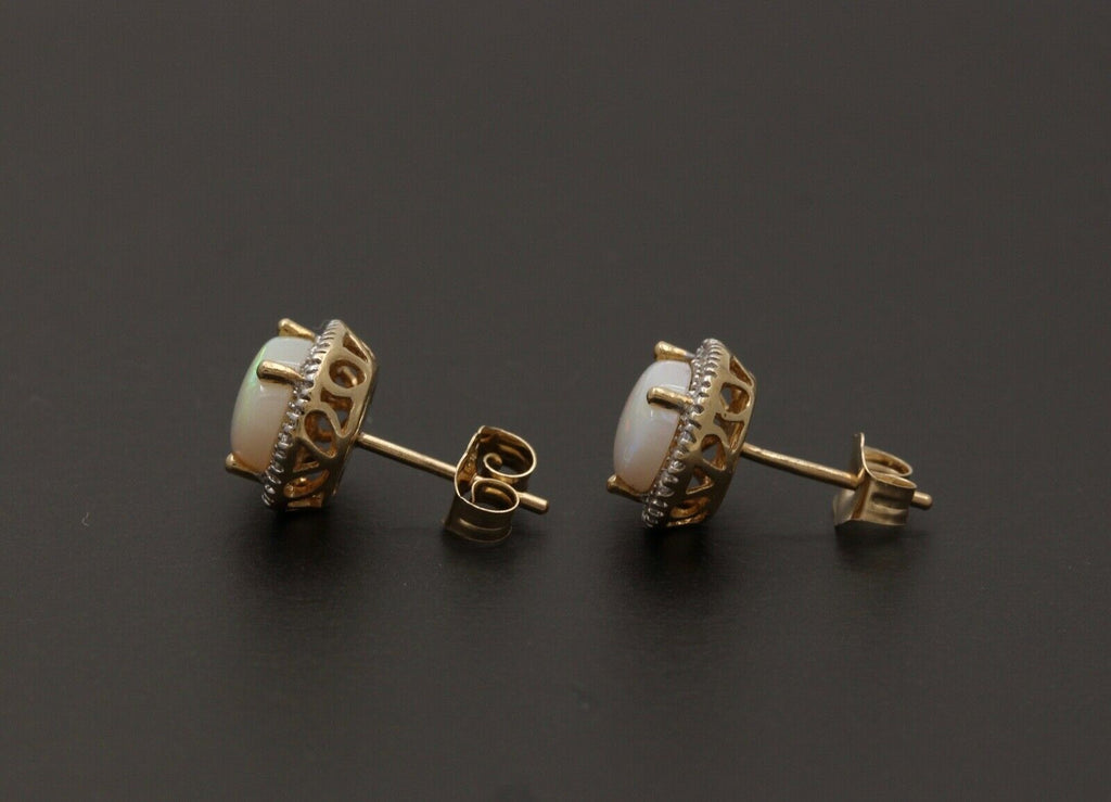 Vintage Estate 14K Yellow Gold Opal With Diamond Halo Stud Earrings.