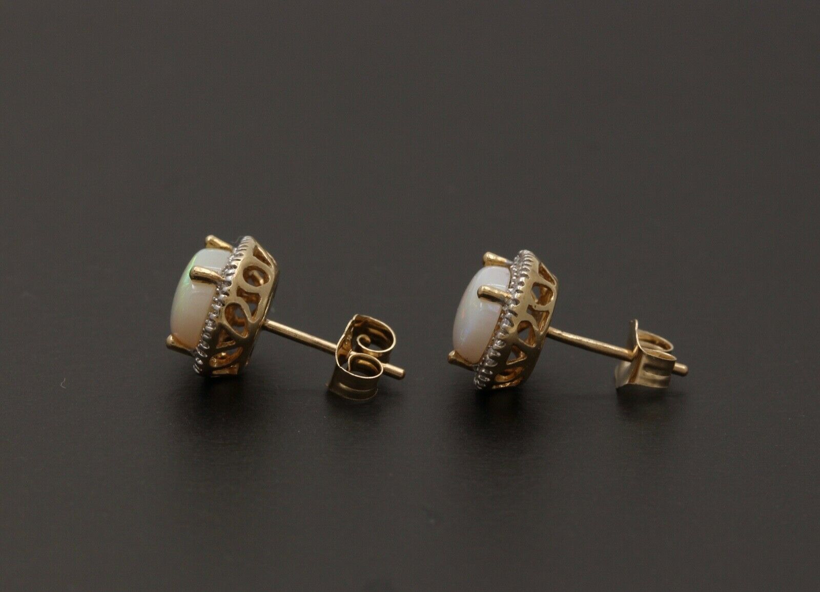 Vintage Estate 14K Yellow Gold Opal With Diamond Halo Stud Earrings.