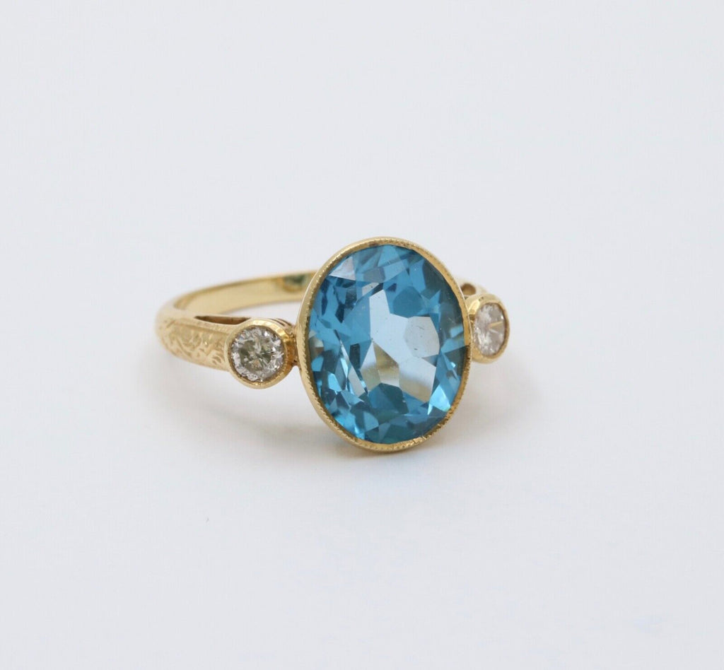 Vintage 14K Yellow Gold London Blue Topaz and Diamond Statement Ring
