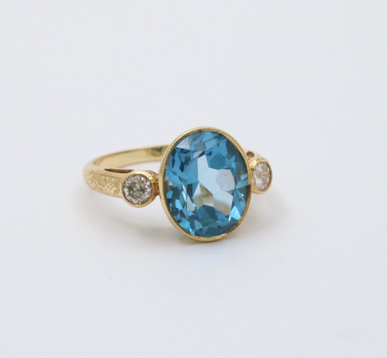 Vintage 14K Yellow Gold London Blue Topaz and Diamond Statement Ring