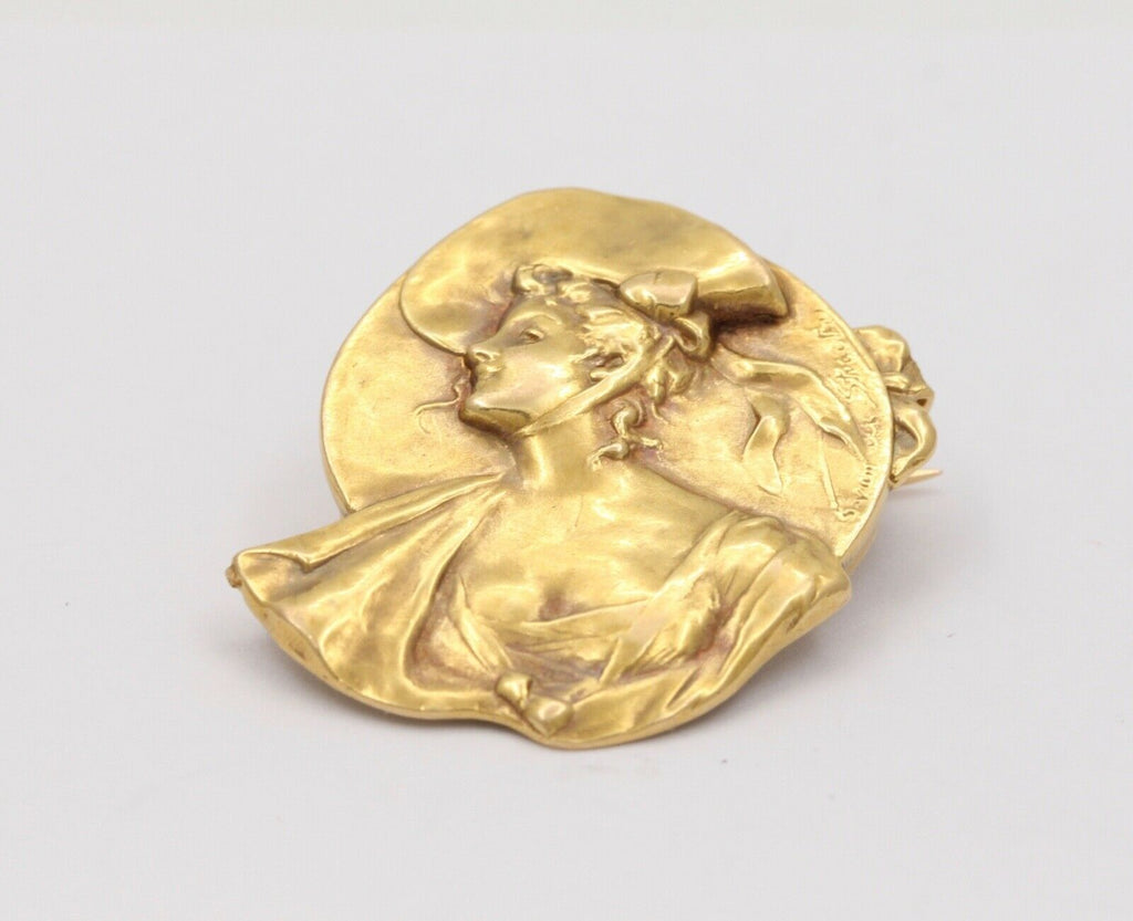 Gorgeous Art Nouveau French Woman’s Portrait 18K Gold Brooch Pin.