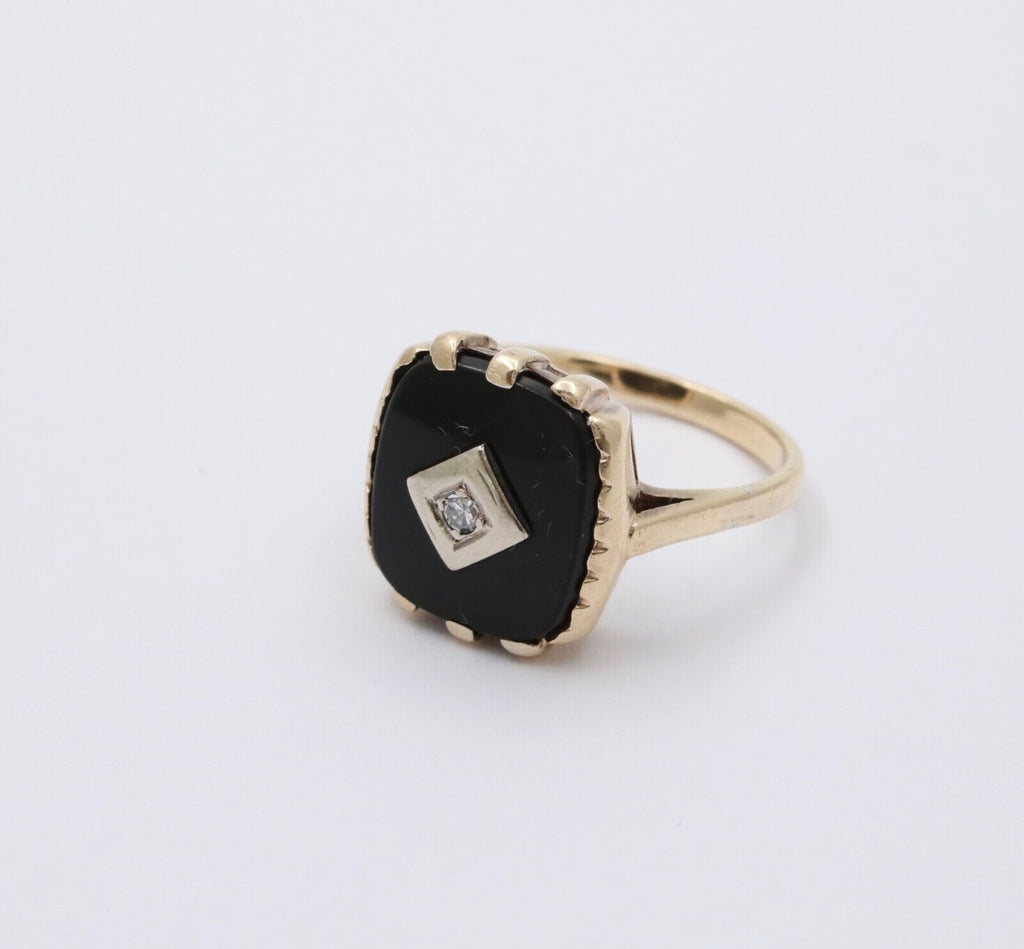 Antique 14K Yellow Gold Rectangle Onyx Diamond Ring, Antique Ring