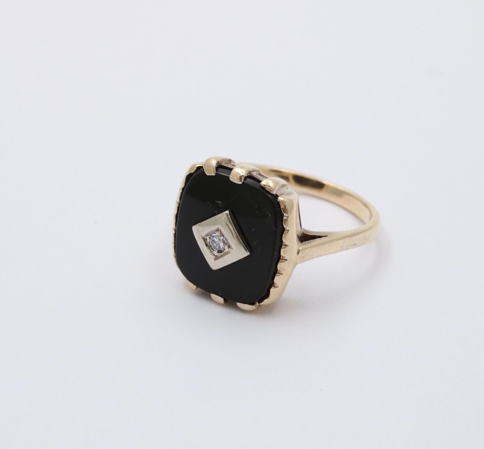 Antique 14K Yellow Gold Rectangle Onyx Diamond Ring, Antique Ring