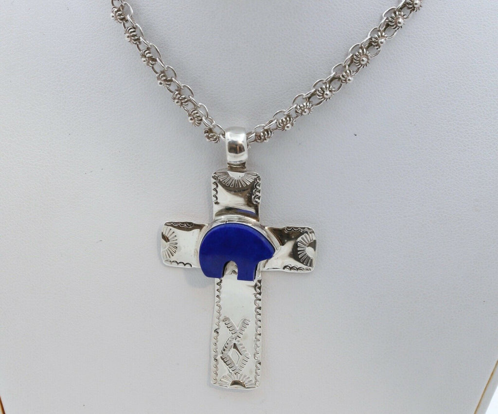 Navajo Lapis Lazuli Bear Sterling Silver Cross Pendant
