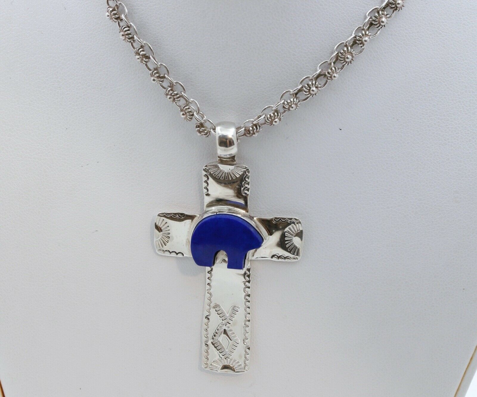 Navajo Lapis Lazuli Bear Sterling Silver Cross Pendant