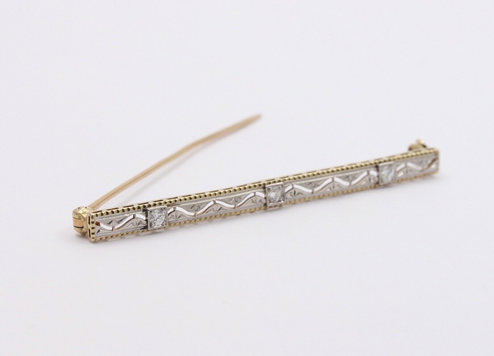 Art Deco 14K White Yellow Gold Diamonds Bar Brooch Pin