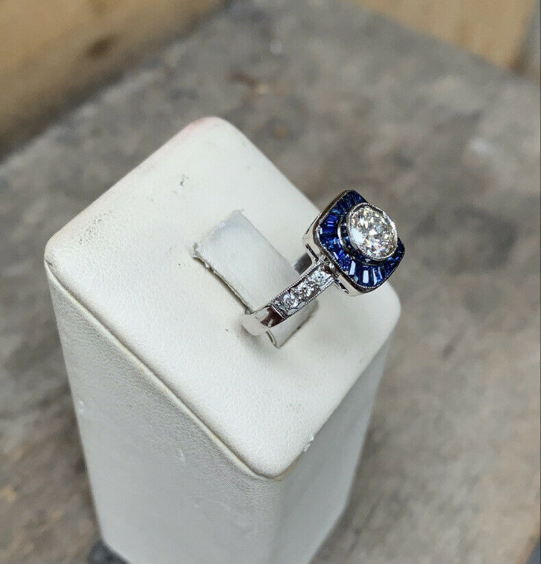 Vintage Art Deco Style 18K Gold Diamond & Sapphire Halo Ring, Engagement Ring.