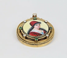 Load image into Gallery viewer, Vintage Victorian Enamel Portrait Pendant Pin Brooch With Diamonds and Emeralds
