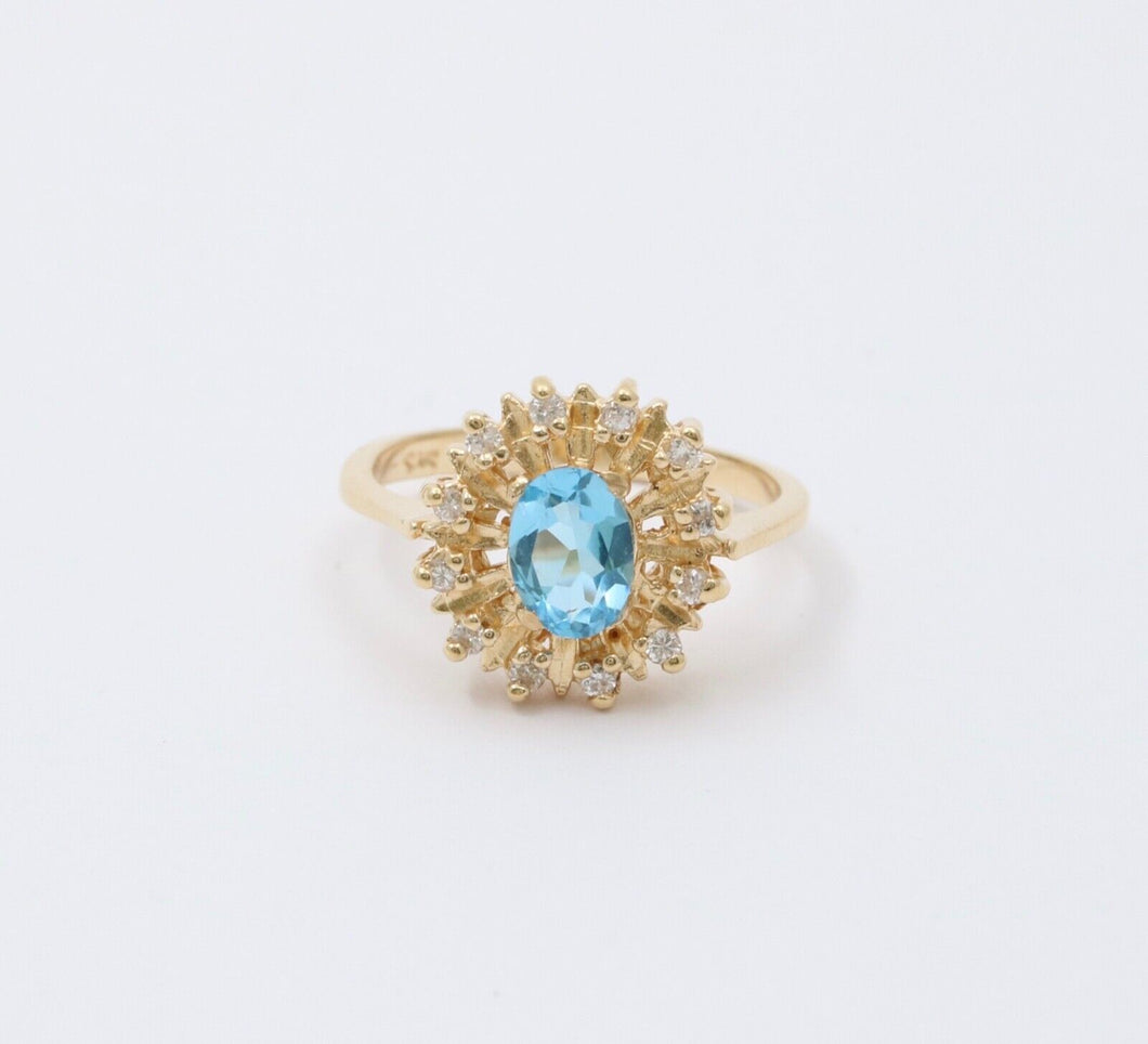 Vintage Blue Topaz Diamonds 14K Yellow Gold Cocktail Ring