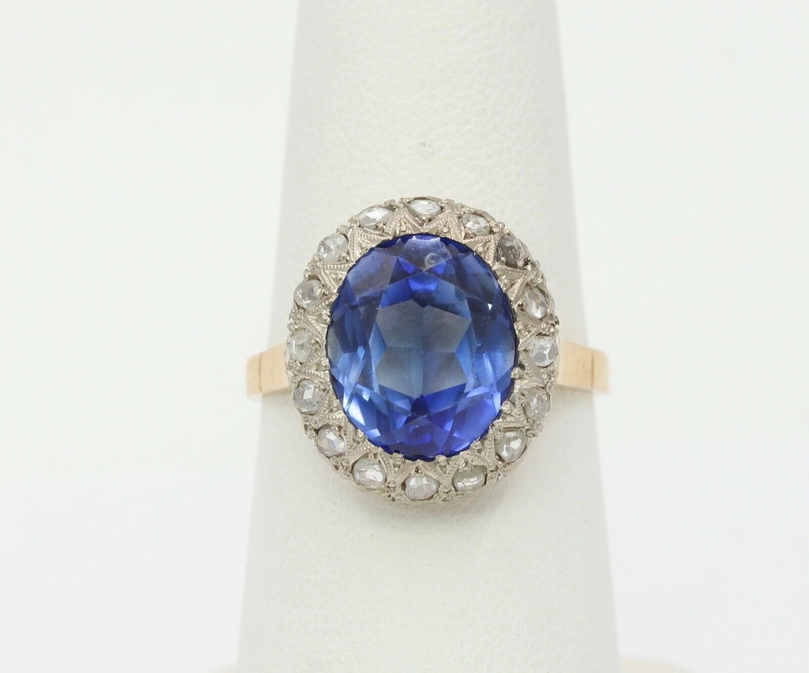 Victorian 18K Yellow Gold Rose Cut Diamond Sapphire Cocktail Ring