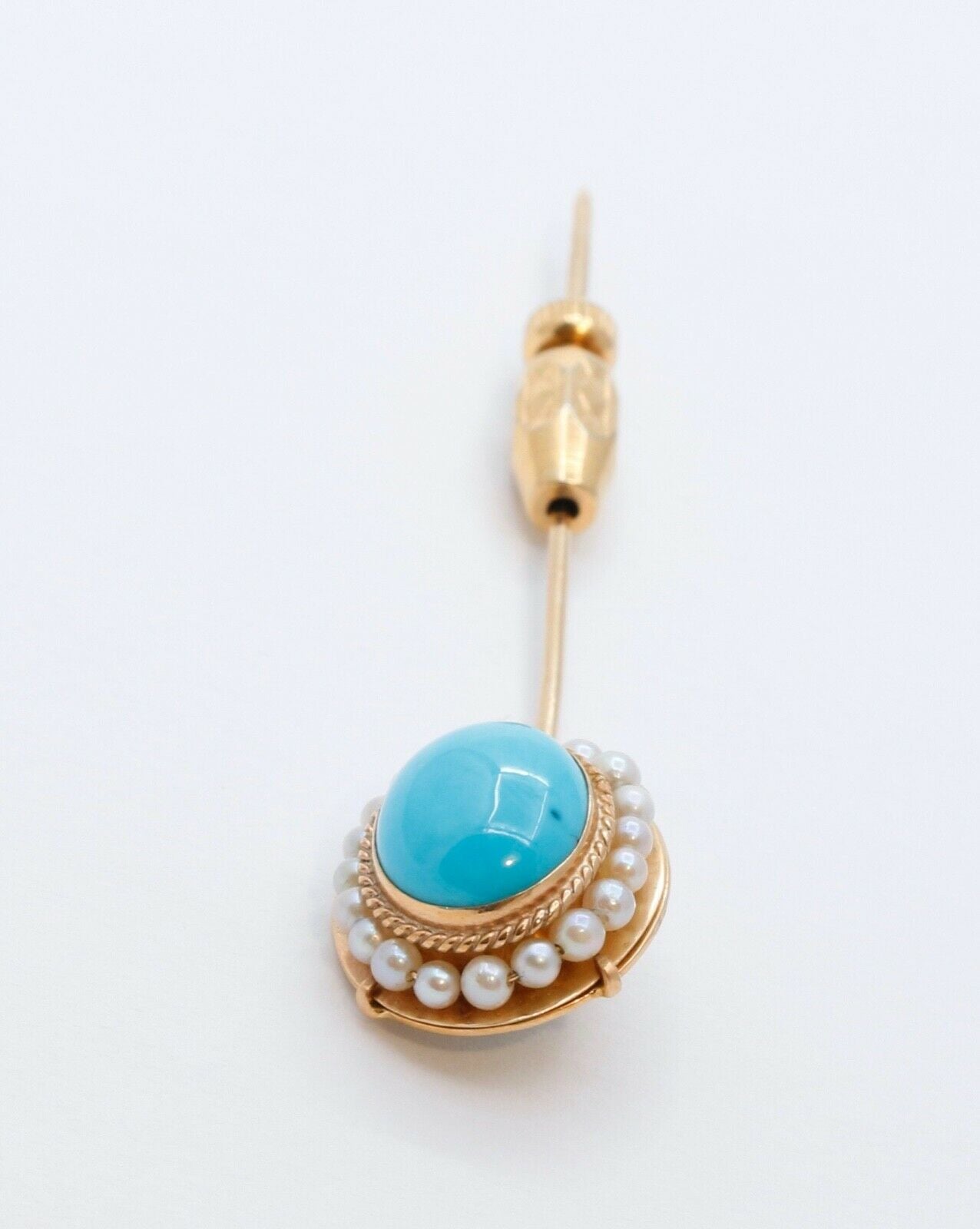 Vintage Ladies Turquoise Diamonds 14K Yellow Gold Stick Pin