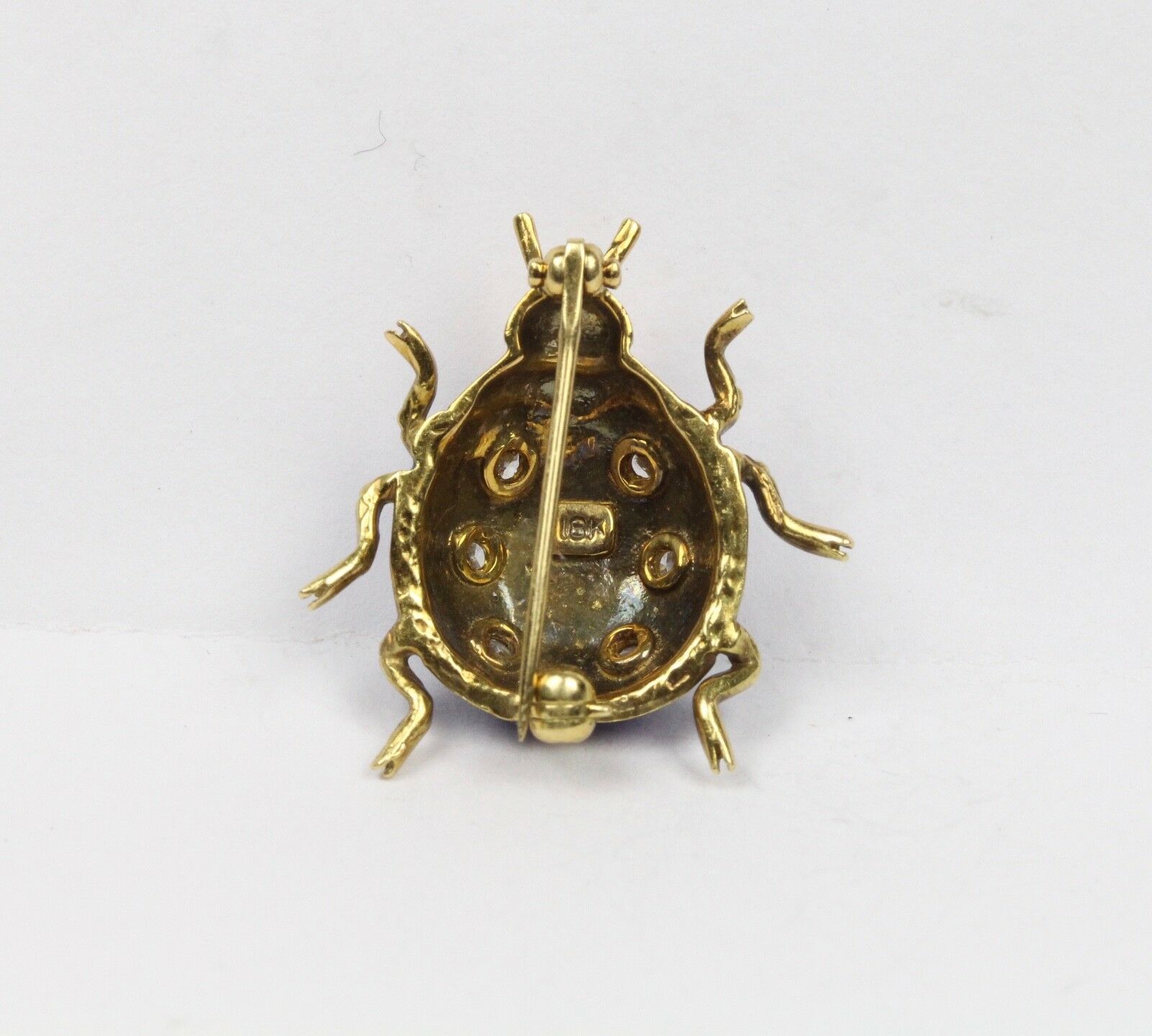 Vintage Ladies 18K Yellow Gold Diamonds Blue Enamel Ladybug Brooch Pin